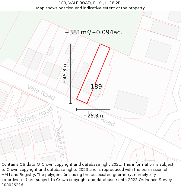 189, VALE ROAD, RHYL, LL18 2PH: Plot and title map