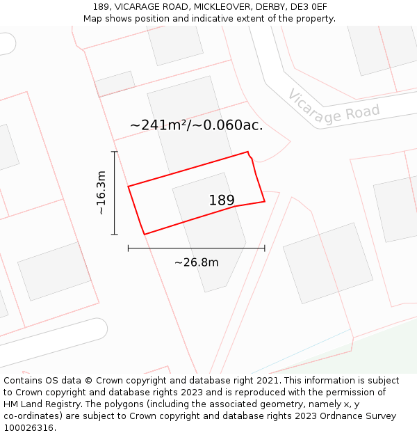 189, VICARAGE ROAD, MICKLEOVER, DERBY, DE3 0EF: Plot and title map