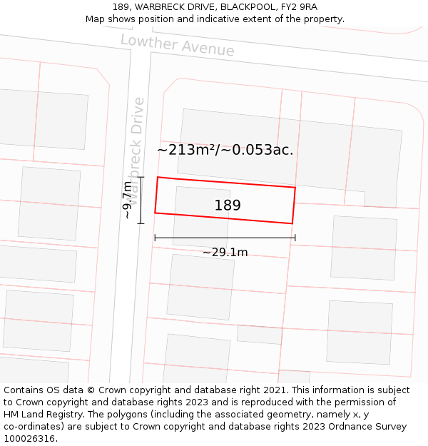 189, WARBRECK DRIVE, BLACKPOOL, FY2 9RA: Plot and title map