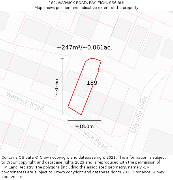 189, WARWICK ROAD, RAYLEIGH, SS6 8UL: Plot and title map