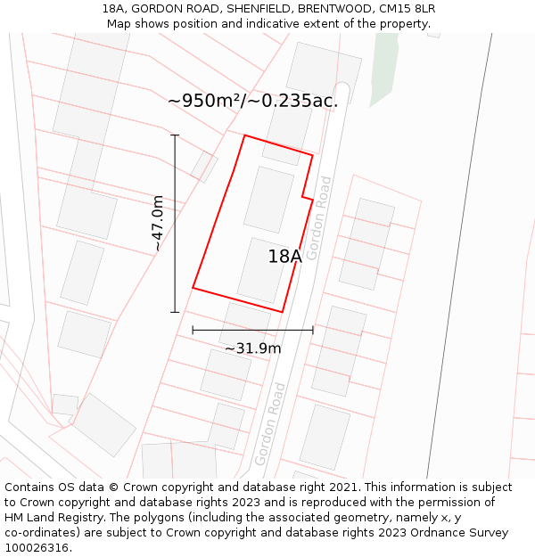 18A, GORDON ROAD, SHENFIELD, BRENTWOOD, CM15 8LR: Plot and title map