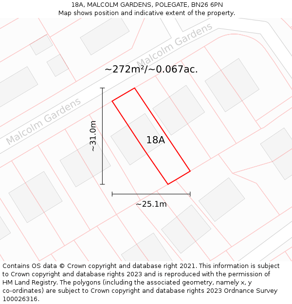 18A, MALCOLM GARDENS, POLEGATE, BN26 6PN: Plot and title map