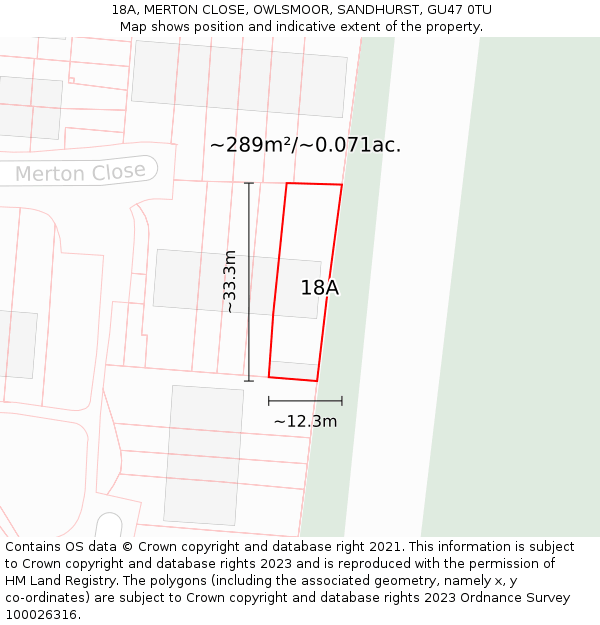 18A, MERTON CLOSE, OWLSMOOR, SANDHURST, GU47 0TU: Plot and title map