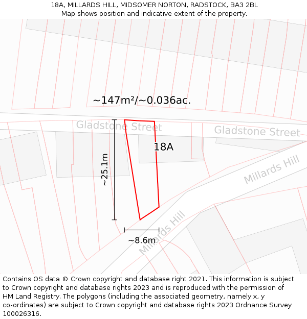 18A, MILLARDS HILL, MIDSOMER NORTON, RADSTOCK, BA3 2BL: Plot and title map