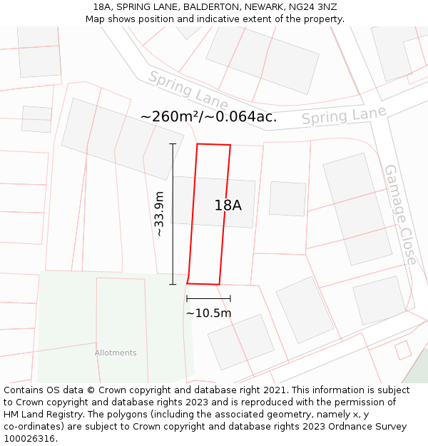18A, SPRING LANE, BALDERTON, NEWARK, NG24 3NZ: Plot and title map