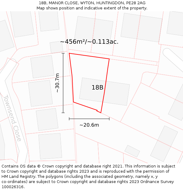 18B, MANOR CLOSE, WYTON, HUNTINGDON, PE28 2AG: Plot and title map