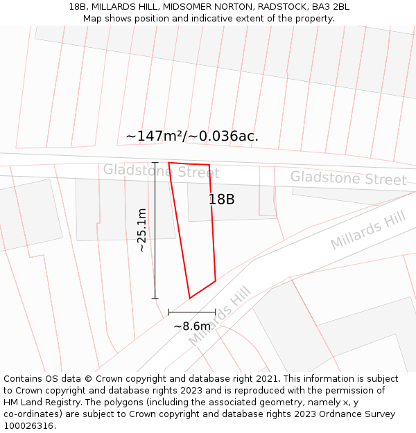 18B, MILLARDS HILL, MIDSOMER NORTON, RADSTOCK, BA3 2BL: Plot and title map