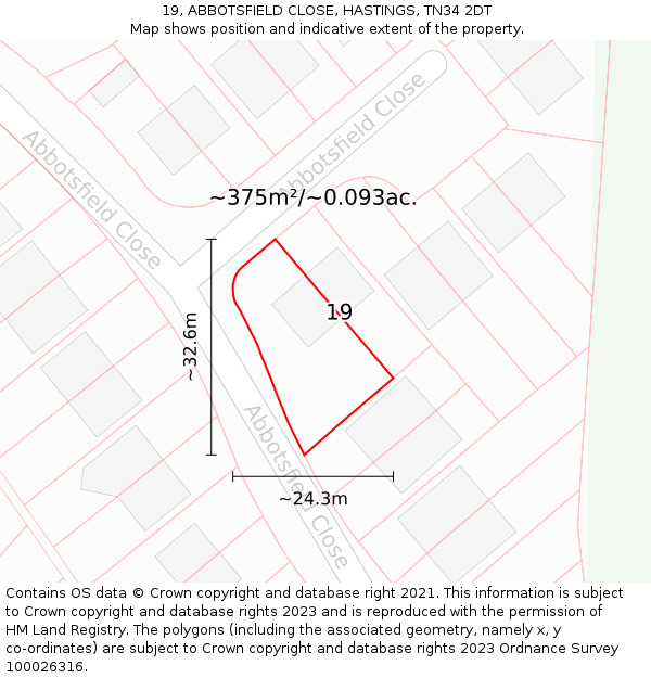 19, ABBOTSFIELD CLOSE, HASTINGS, TN34 2DT: Plot and title map