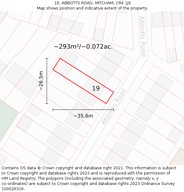 19, ABBOTTS ROAD, MITCHAM, CR4 1JS: Plot and title map