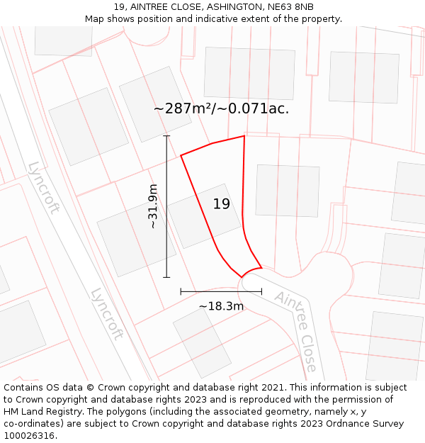 19, AINTREE CLOSE, ASHINGTON, NE63 8NB: Plot and title map