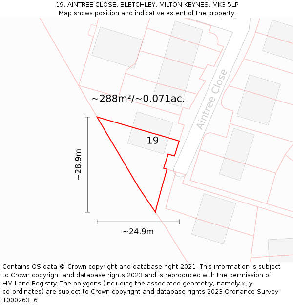 19, AINTREE CLOSE, BLETCHLEY, MILTON KEYNES, MK3 5LP: Plot and title map