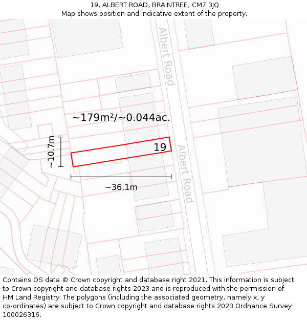 19, ALBERT ROAD, BRAINTREE, CM7 3JQ: Plot and title map