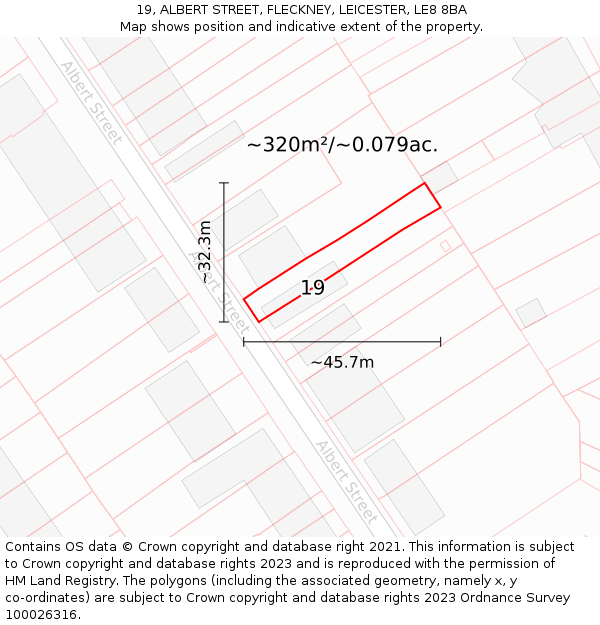 19, ALBERT STREET, FLECKNEY, LEICESTER, LE8 8BA: Plot and title map