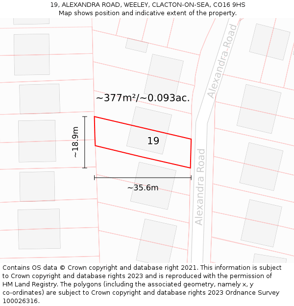 19, ALEXANDRA ROAD, WEELEY, CLACTON-ON-SEA, CO16 9HS: Plot and title map