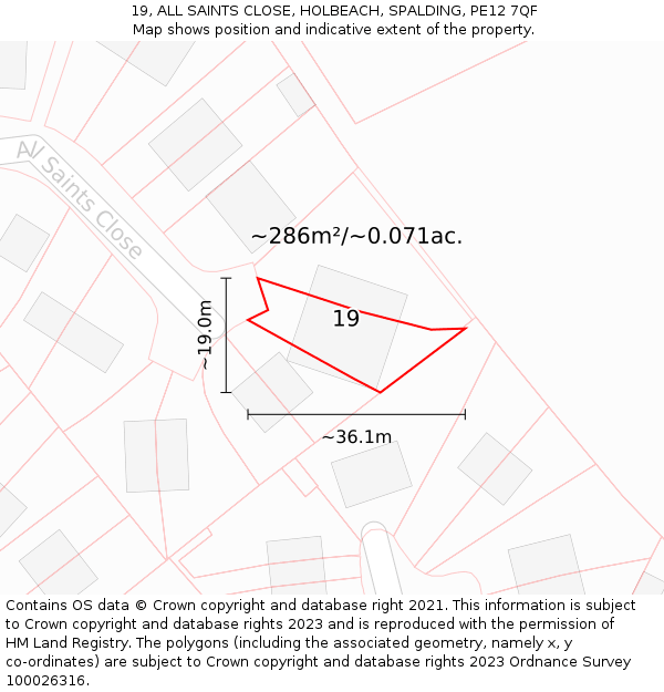 19, ALL SAINTS CLOSE, HOLBEACH, SPALDING, PE12 7QF: Plot and title map