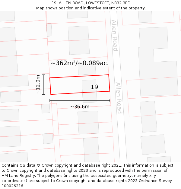 19, ALLEN ROAD, LOWESTOFT, NR32 3PD: Plot and title map
