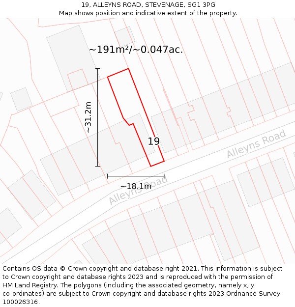 19, ALLEYNS ROAD, STEVENAGE, SG1 3PG: Plot and title map