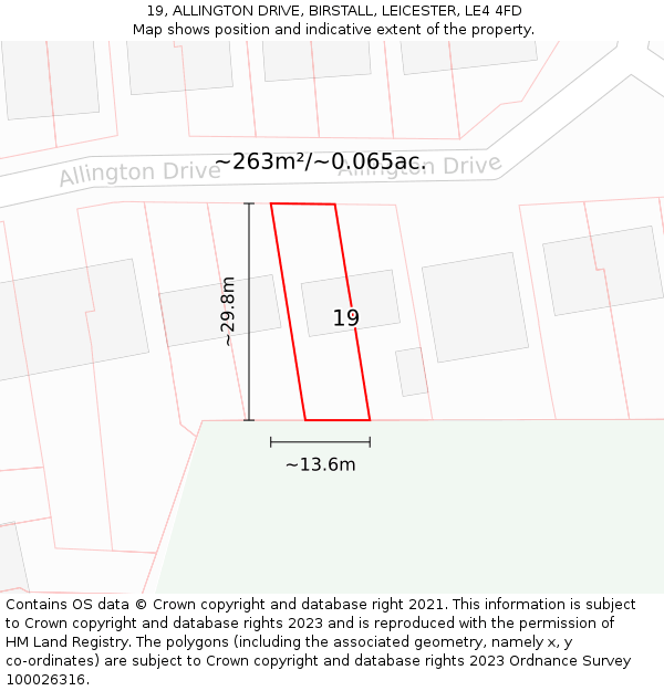 19, ALLINGTON DRIVE, BIRSTALL, LEICESTER, LE4 4FD: Plot and title map