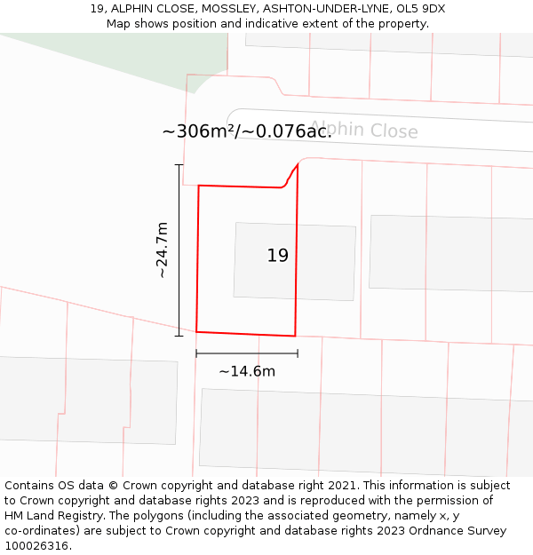 19, ALPHIN CLOSE, MOSSLEY, ASHTON-UNDER-LYNE, OL5 9DX: Plot and title map