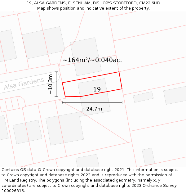 19, ALSA GARDENS, ELSENHAM, BISHOP'S STORTFORD, CM22 6HD: Plot and title map