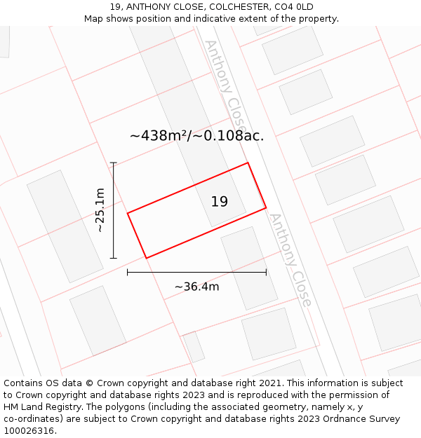 19, ANTHONY CLOSE, COLCHESTER, CO4 0LD: Plot and title map