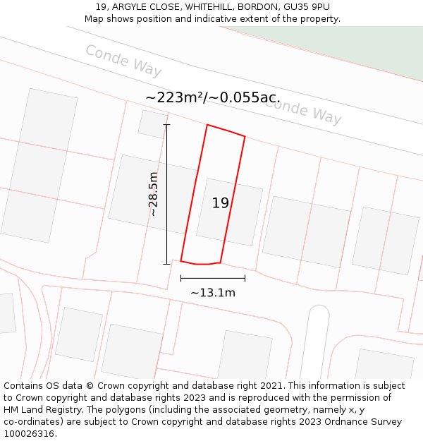 19, ARGYLE CLOSE, WHITEHILL, BORDON, GU35 9PU: Plot and title map