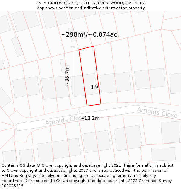 19, ARNOLDS CLOSE, HUTTON, BRENTWOOD, CM13 1EZ: Plot and title map