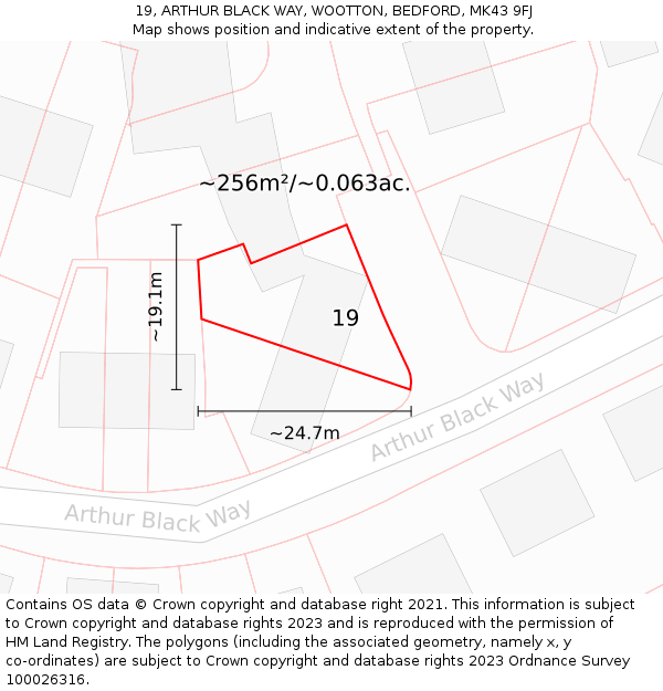 19, ARTHUR BLACK WAY, WOOTTON, BEDFORD, MK43 9FJ: Plot and title map