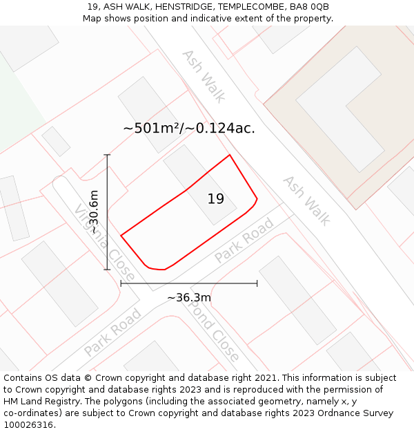 19, ASH WALK, HENSTRIDGE, TEMPLECOMBE, BA8 0QB: Plot and title map