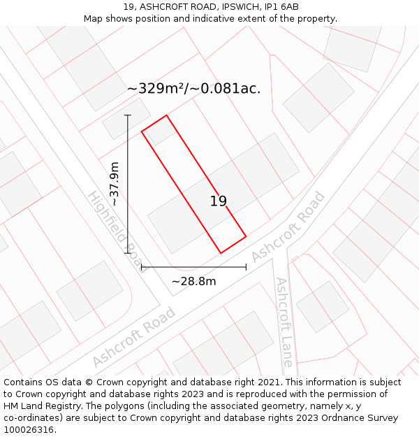 19, ASHCROFT ROAD, IPSWICH, IP1 6AB: Plot and title map