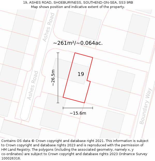19, ASHES ROAD, SHOEBURYNESS, SOUTHEND-ON-SEA, SS3 9RB: Plot and title map
