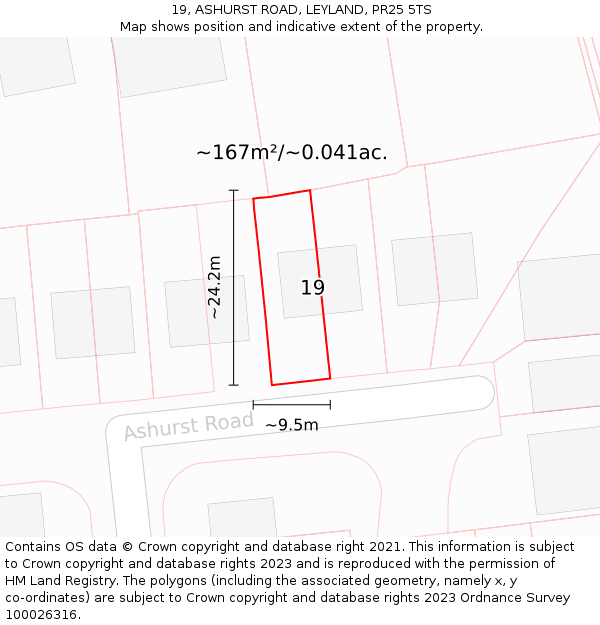 19, ASHURST ROAD, LEYLAND, PR25 5TS: Plot and title map