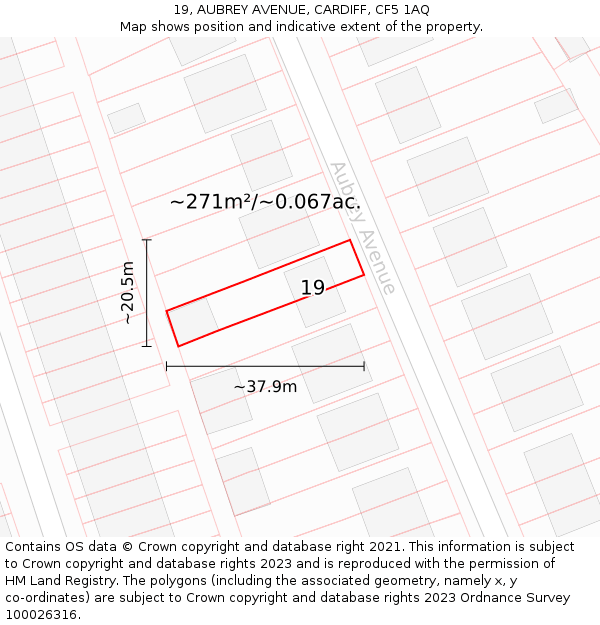 19, AUBREY AVENUE, CARDIFF, CF5 1AQ: Plot and title map