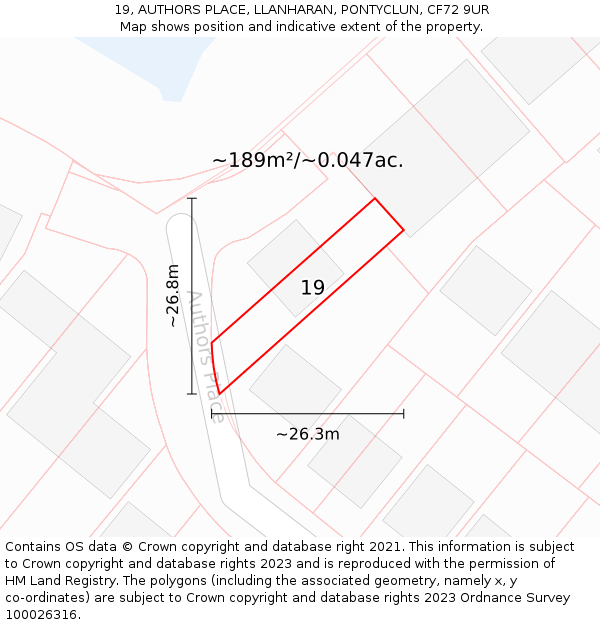 19, AUTHORS PLACE, LLANHARAN, PONTYCLUN, CF72 9UR: Plot and title map
