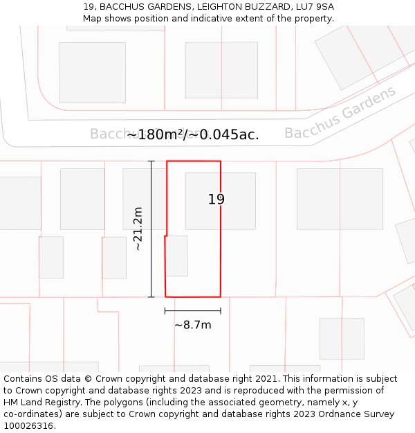 19, BACCHUS GARDENS, LEIGHTON BUZZARD, LU7 9SA: Plot and title map