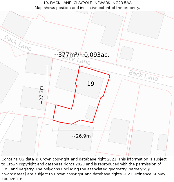19, BACK LANE, CLAYPOLE, NEWARK, NG23 5AA: Plot and title map