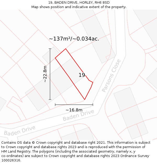 19, BADEN DRIVE, HORLEY, RH6 8SD: Plot and title map