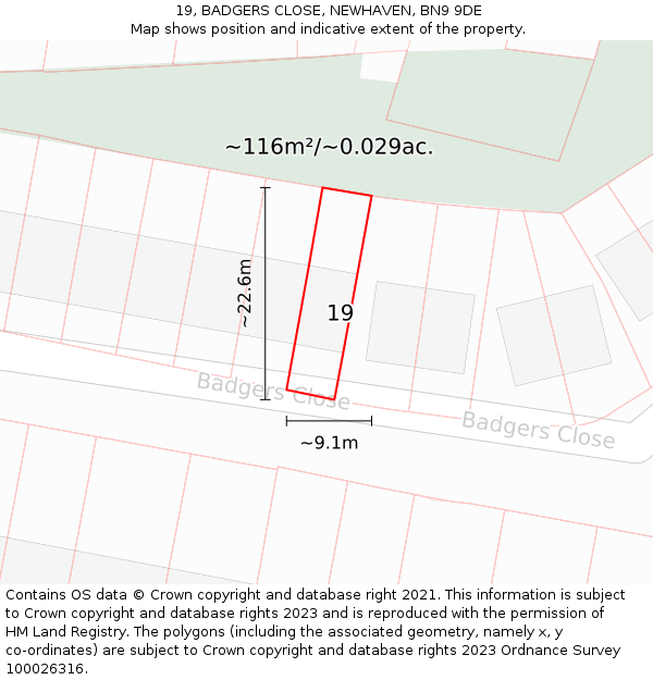 19, BADGERS CLOSE, NEWHAVEN, BN9 9DE: Plot and title map
