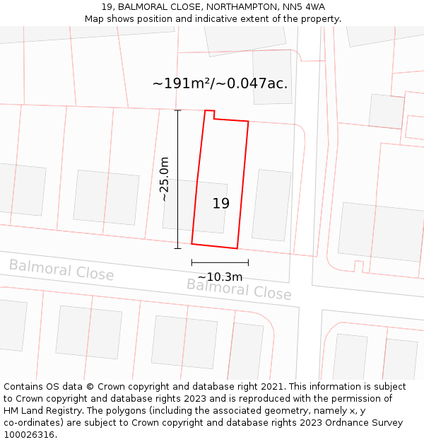 19, BALMORAL CLOSE, NORTHAMPTON, NN5 4WA: Plot and title map