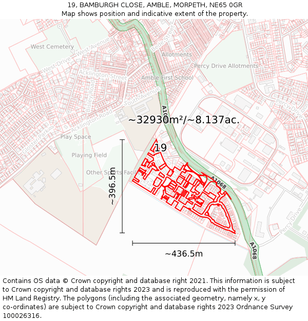 19, BAMBURGH CLOSE, AMBLE, MORPETH, NE65 0GR: Plot and title map