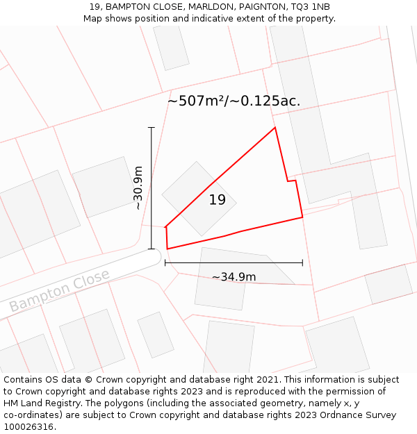 19, BAMPTON CLOSE, MARLDON, PAIGNTON, TQ3 1NB: Plot and title map