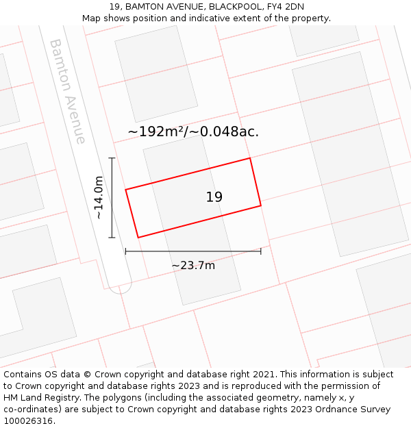 19, BAMTON AVENUE, BLACKPOOL, FY4 2DN: Plot and title map