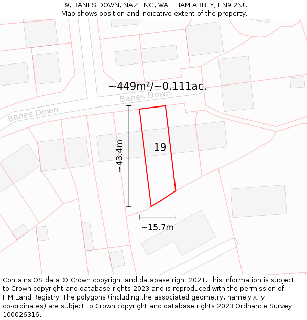 19, BANES DOWN, NAZEING, WALTHAM ABBEY, EN9 2NU: Plot and title map