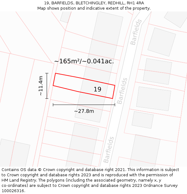 19, BARFIELDS, BLETCHINGLEY, REDHILL, RH1 4RA: Plot and title map