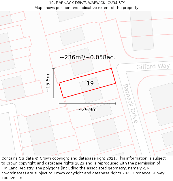19, BARNACK DRIVE, WARWICK, CV34 5TY: Plot and title map