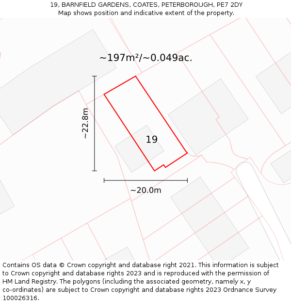 19, BARNFIELD GARDENS, COATES, PETERBOROUGH, PE7 2DY: Plot and title map