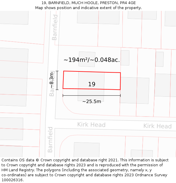 19, BARNFIELD, MUCH HOOLE, PRESTON, PR4 4GE: Plot and title map