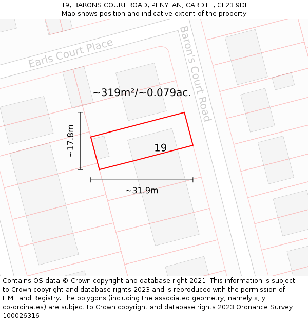 19, BARONS COURT ROAD, PENYLAN, CARDIFF, CF23 9DF: Plot and title map