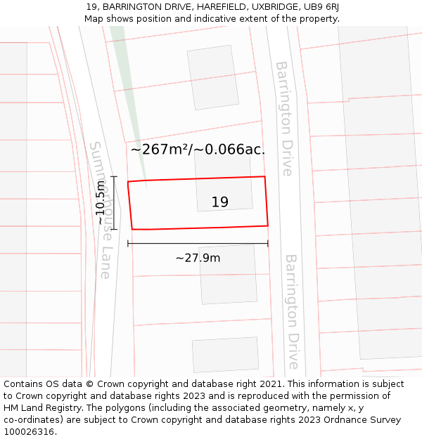 19, BARRINGTON DRIVE, HAREFIELD, UXBRIDGE, UB9 6RJ: Plot and title map