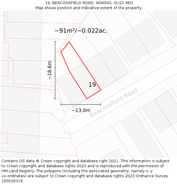 19, BEACONSFIELD ROAD, WOKING, GU22 9ED: Plot and title map